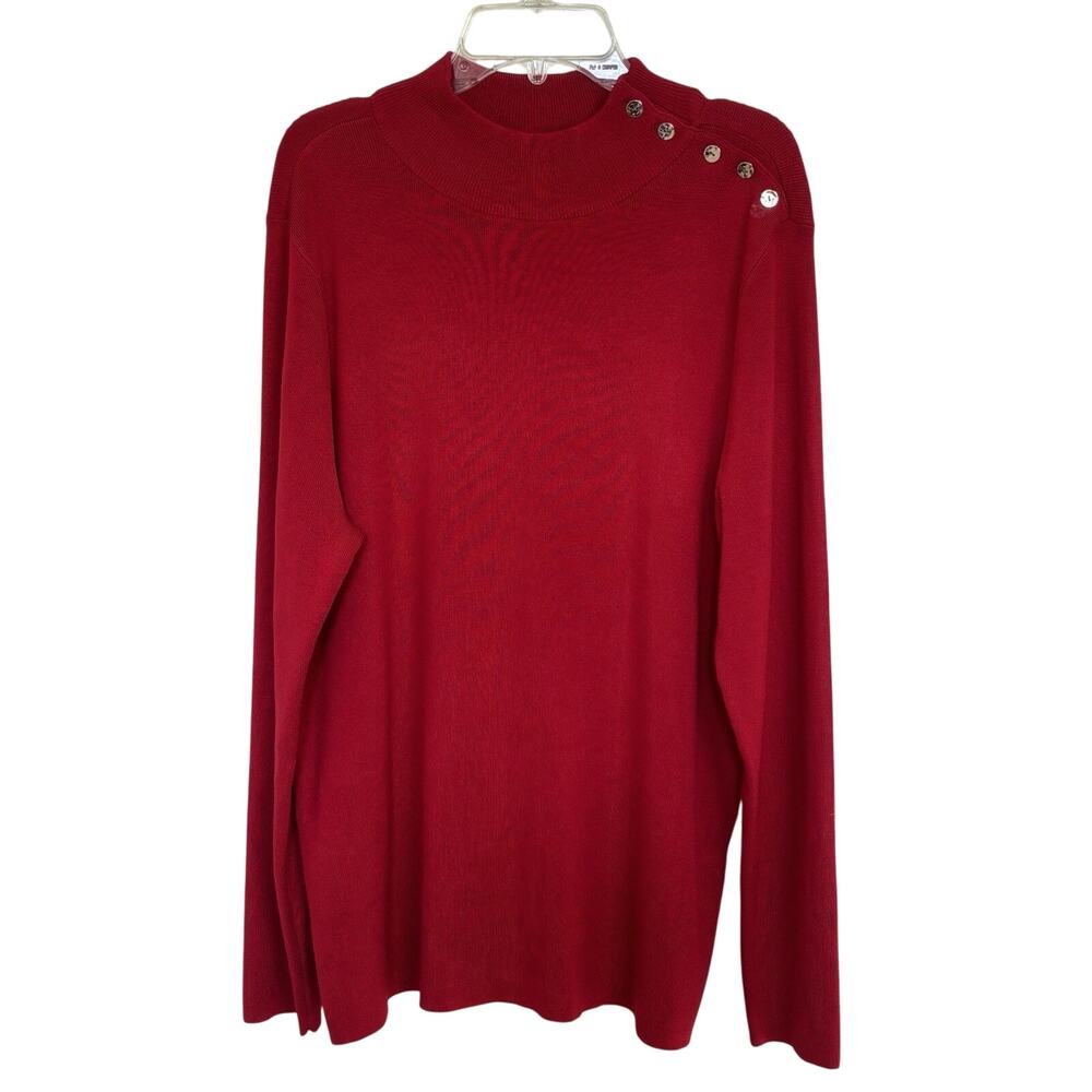 Chico’s Red Mock Neck Gold Button Sweater Size 3 XL Stretch Holidays Christmas